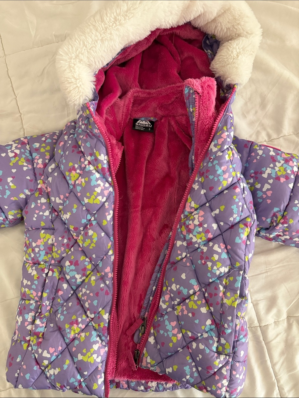 Snozu Purple Heart-Print Puffer Jacket with Pink Fleece Hood Lining